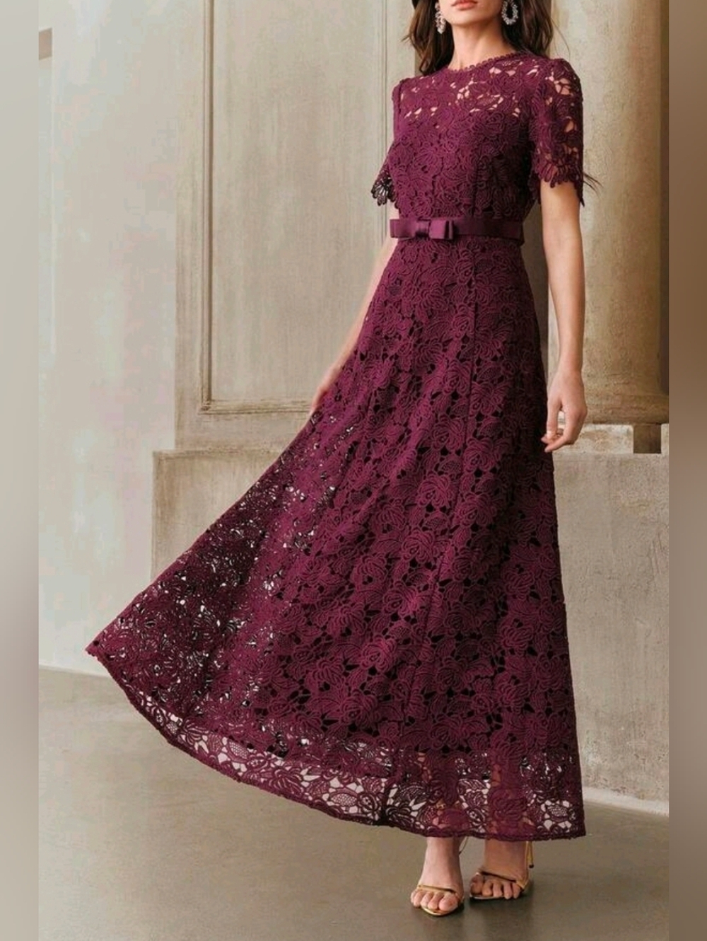 New Luxe Embroidered Lace Satin Bow Waist Long Dress Short Sleeve Burgundy Red
